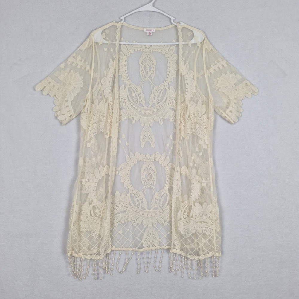 Womens XXL Cream Lace Boho Kimono Cardigan Cover Up Sheer Embroidered Fringe